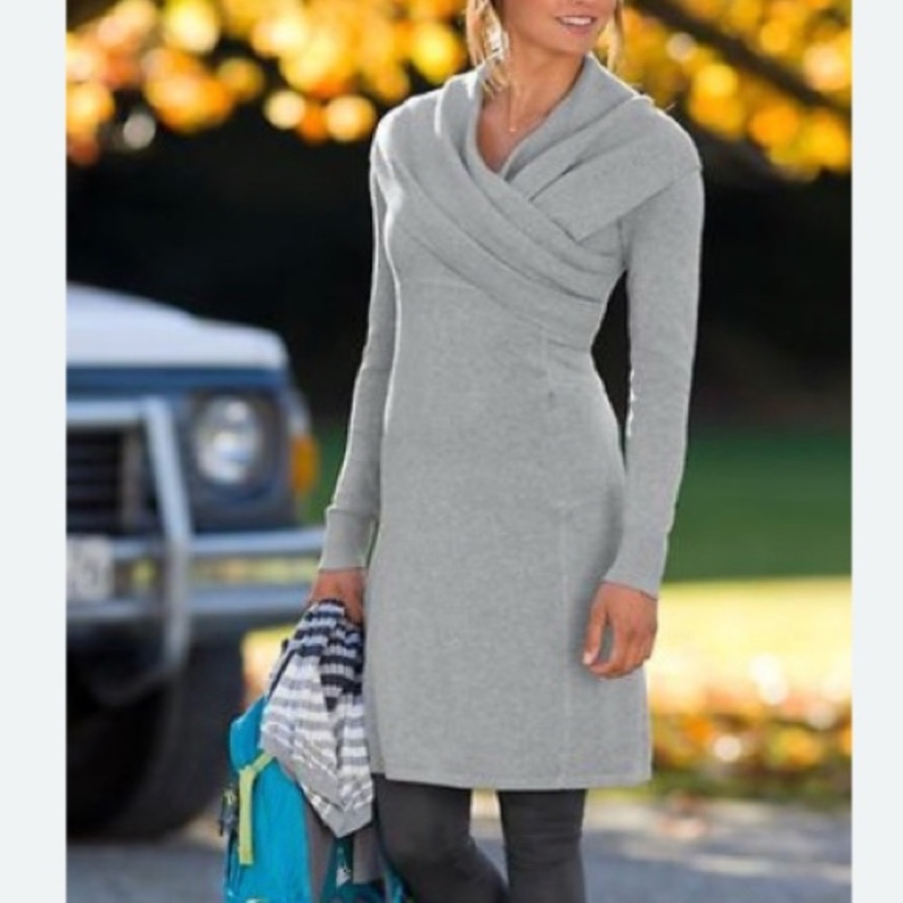 Athleta Sochi Wrap Shawl Cowl Neck Gray Sweater Dress Knee Length Large Travel